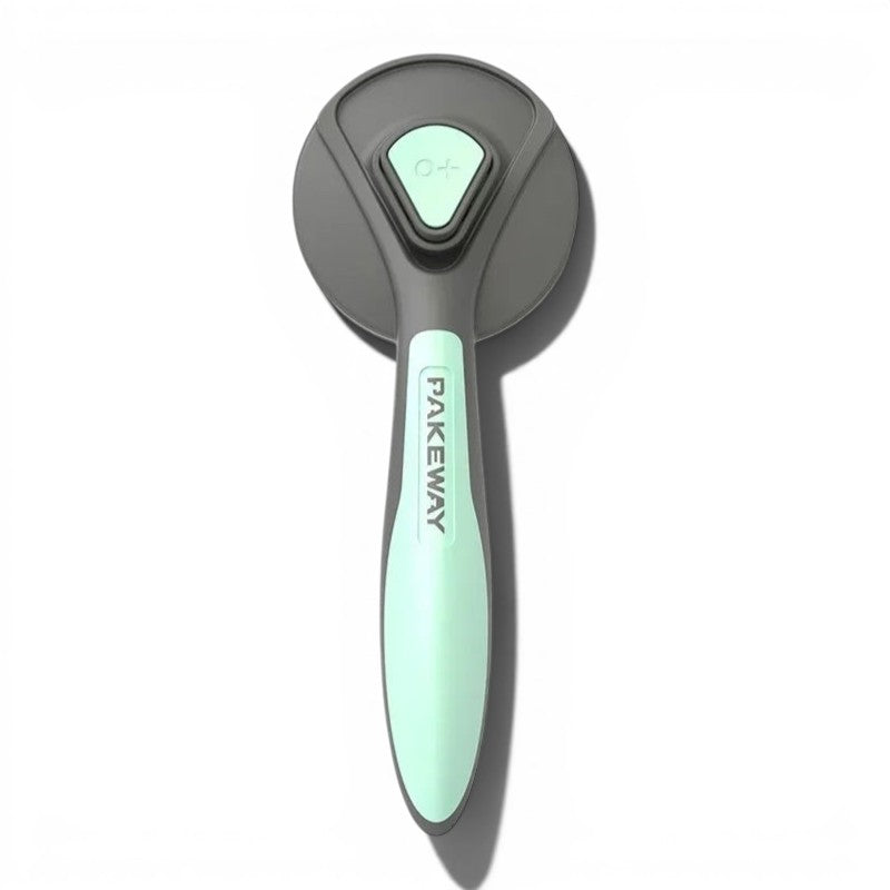 Brosse démêlante autonettoyante Esprit Chat pour chat, couleur vert menthe et gris avec bouton d'éjection des poils