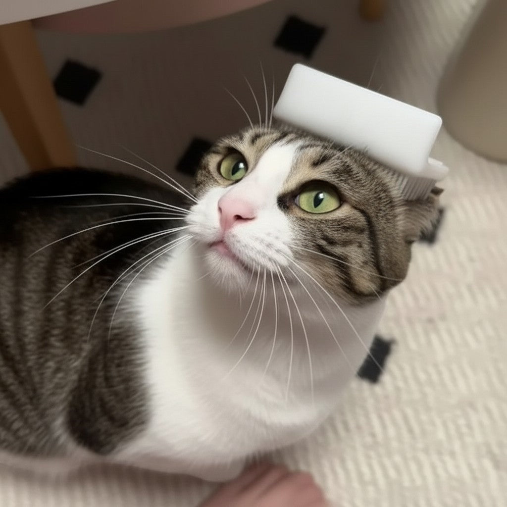 Chat tigré et blanc recevant un massage avec une brosse Esprit Chat en plastique blanc sur la tête