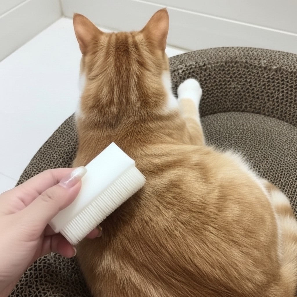 Brosse de massage Esprit Chat blanche en plastique pour le toilettage d'un chat roux sur un griffoir