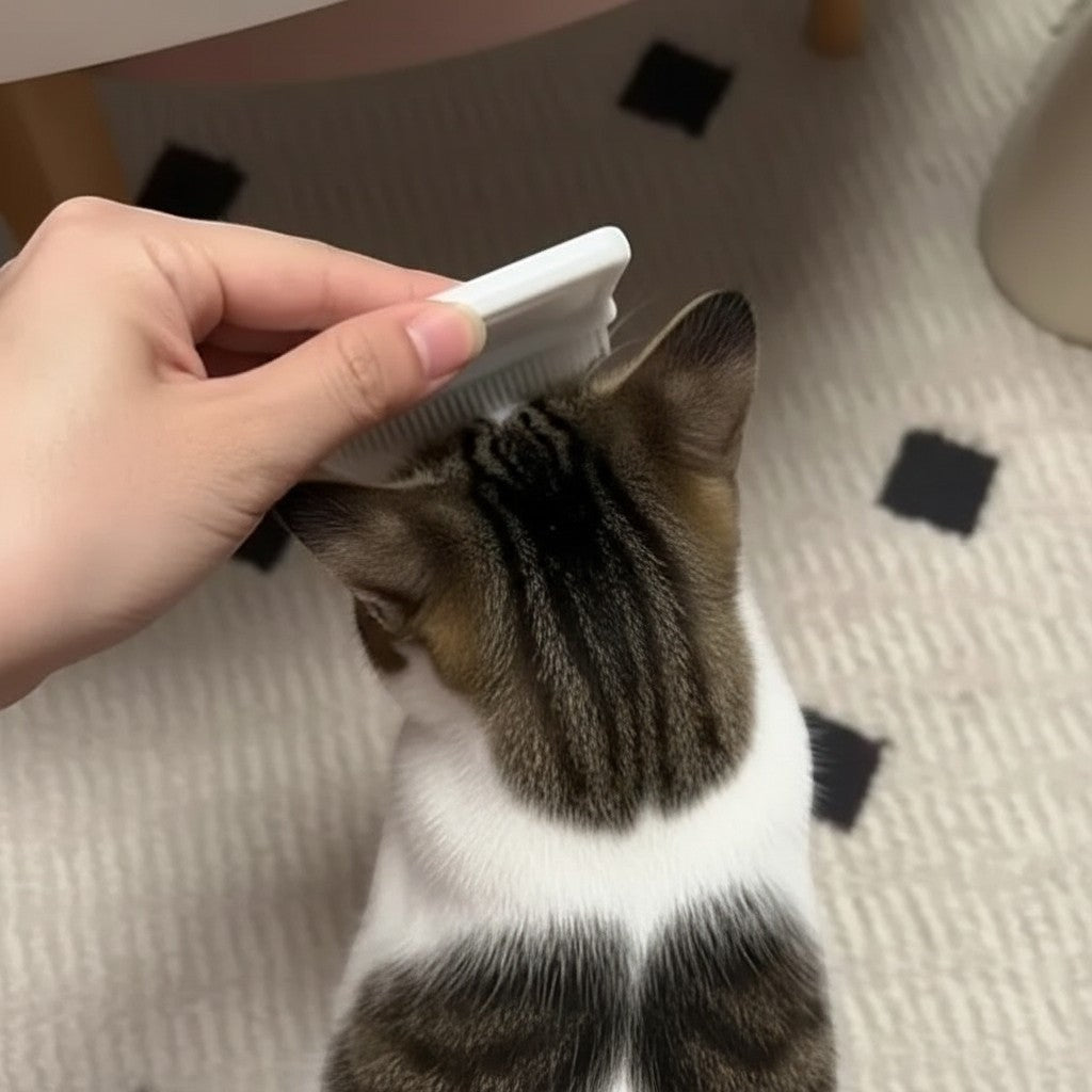 Brosse de massage Esprit Chat blanche en plastique utilisée pour brosser doucement la tête d'un chat tigré