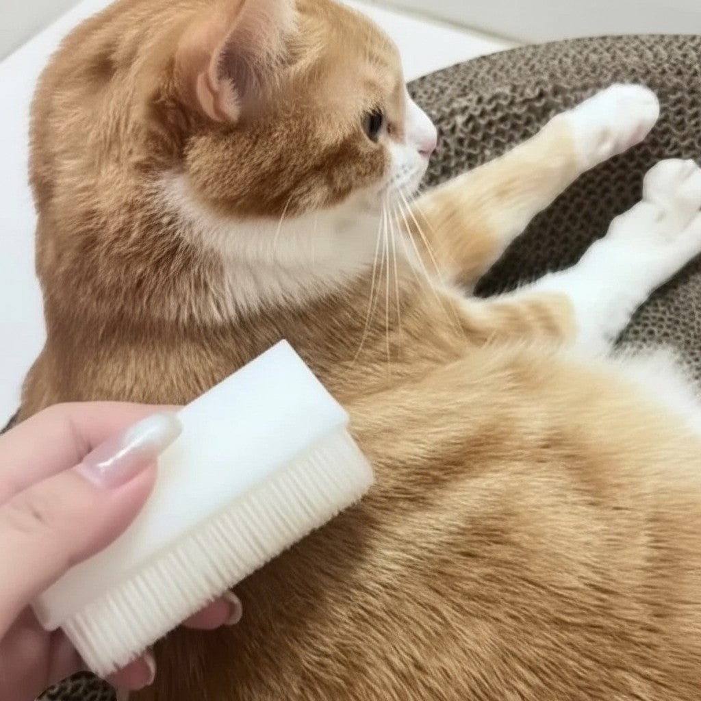 Brosse de massage Esprit Chat en plastique blanc pour le toilettage d'un chat roux et blanc