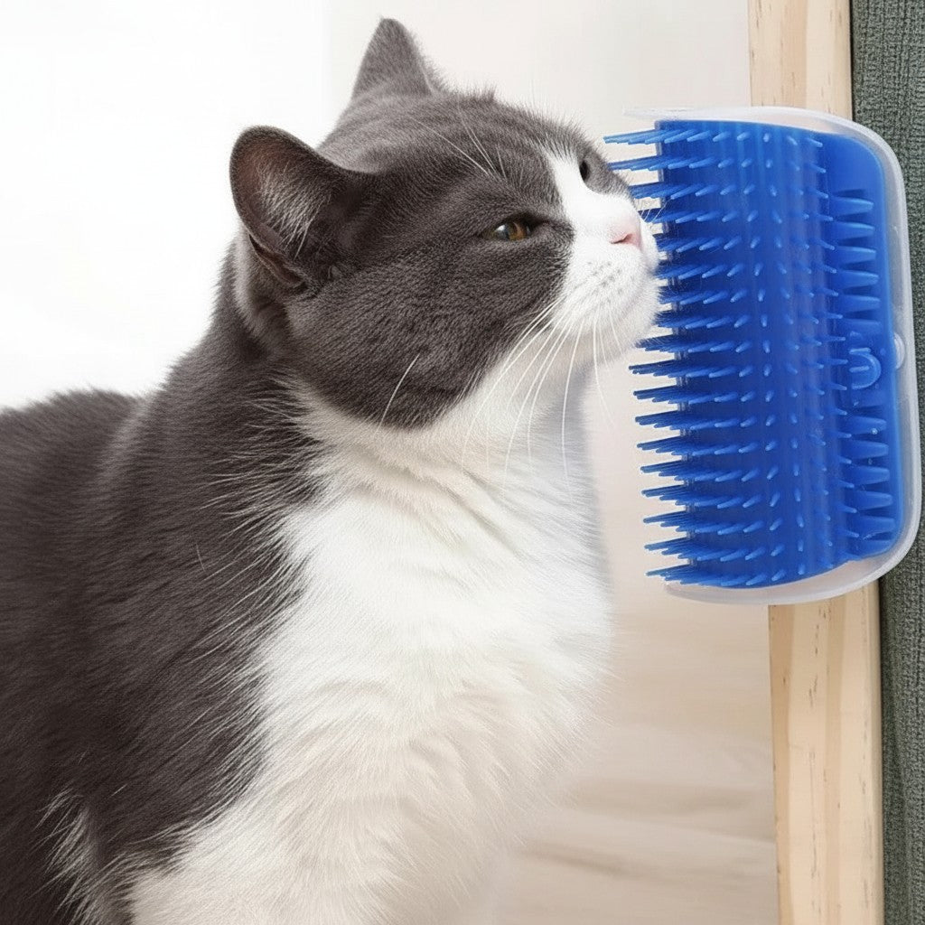 Chat gris et blanc se frottant contre une brosse murale Esprit Chat bleue en plastique pour le toilettage