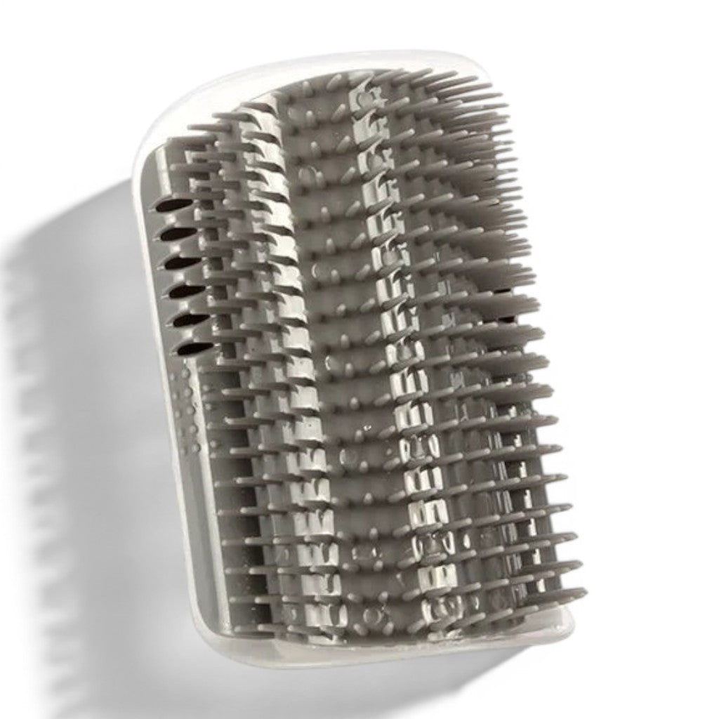 Brosse de massage Esprit Chat grise en plastique pour chat, conçue pour être fixée aux coins des murs pour le toilettage.