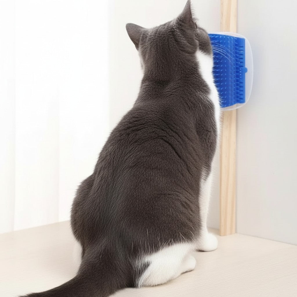 Chat gris et blanc se frottant contre une brosse murale Esprit Chat bleue pour le toilettage et le massage