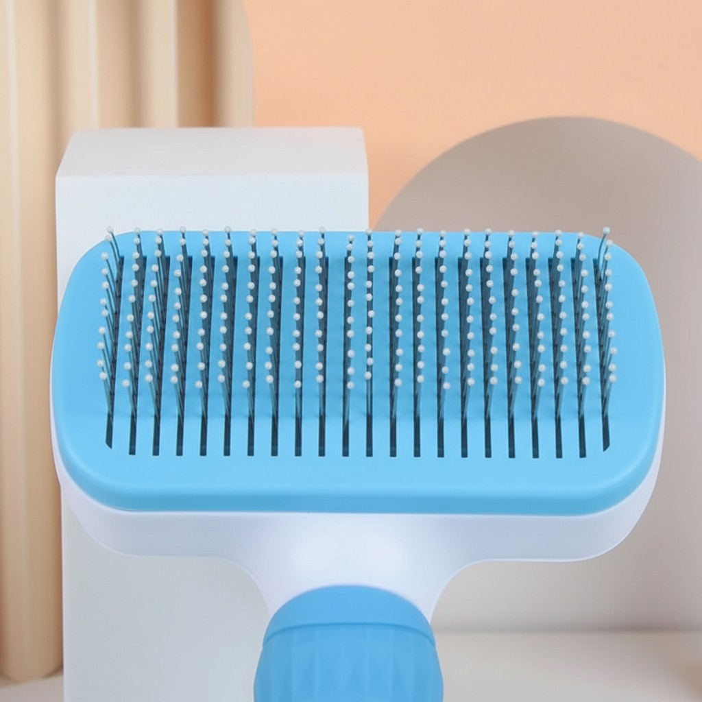 Brosse de toilettage Esprit Chat bleue en plastique avec picots fins pour le soin du pelage des chats