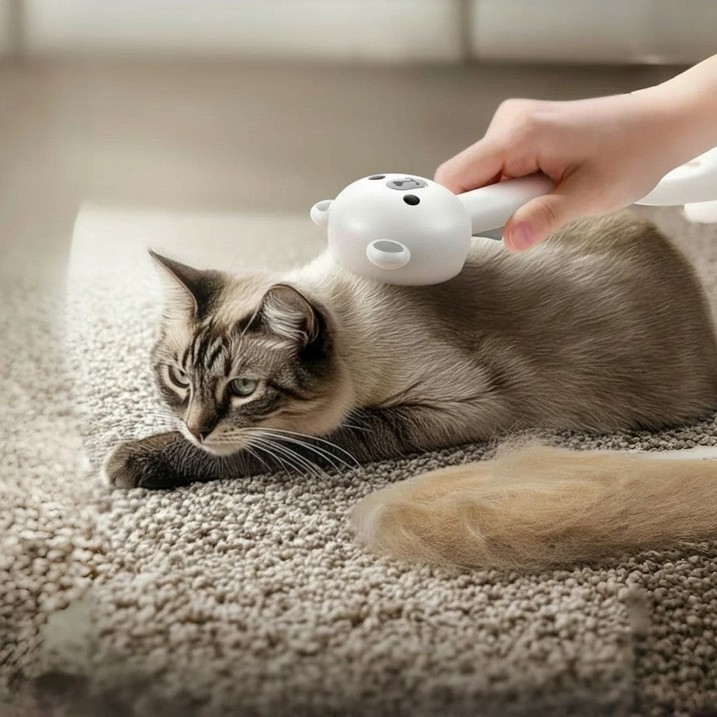 Brosse à vapeur Esprit Chat 3 en 1 blanche en forme d'ours utilisée pour brosser doucement un chat sur un tapis