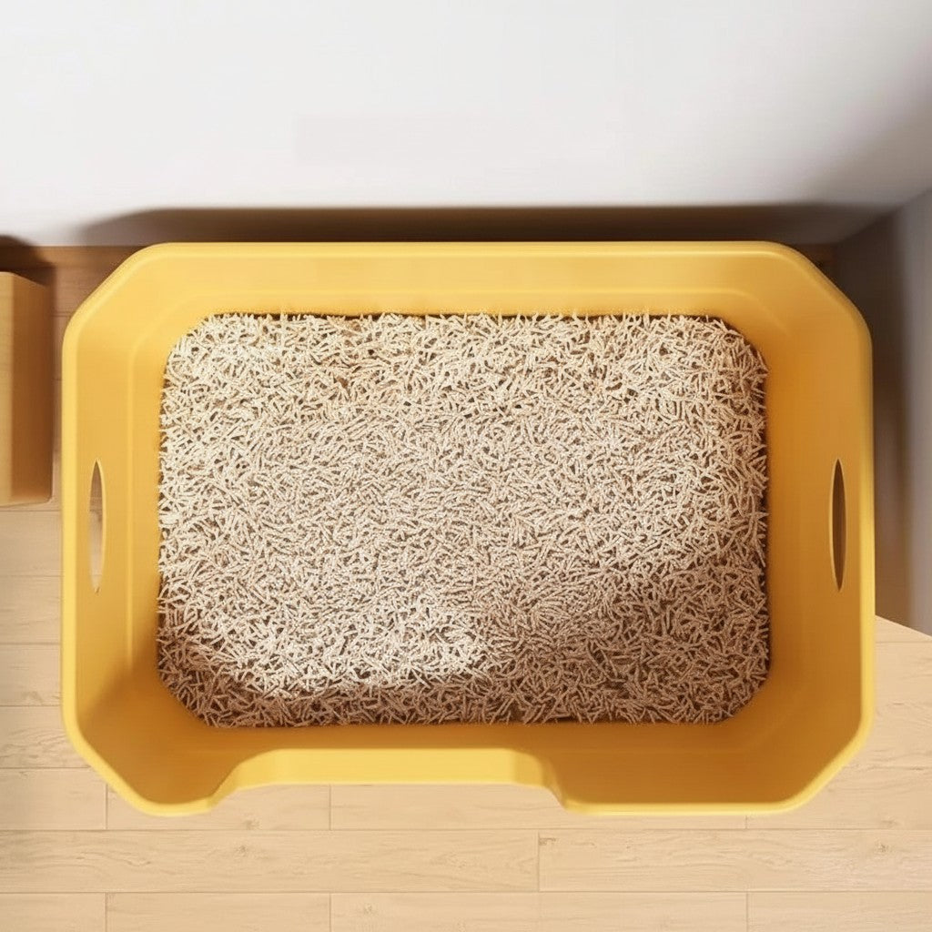 Caisse à litière ouverte Esprit Chat en plastique jaune avec litière végétale, vue de dessus.