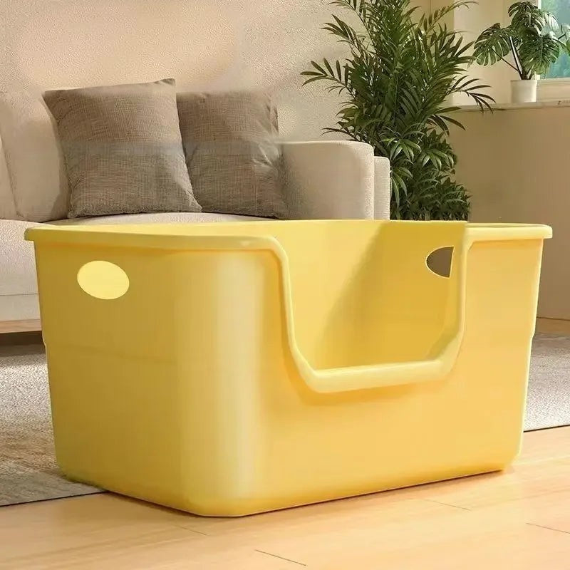 Caisse à litière ouverte Esprit Chat en plastique jaune avec poignées latérales pour un nettoyage facile