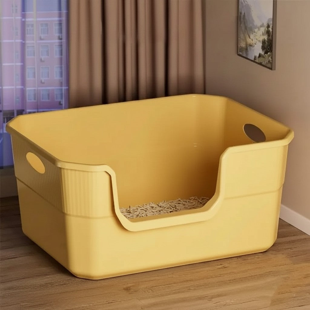 Caisse à litière ouverte pour chat Esprit Chat en plastique jaune avec rebords bas pour un accès facile