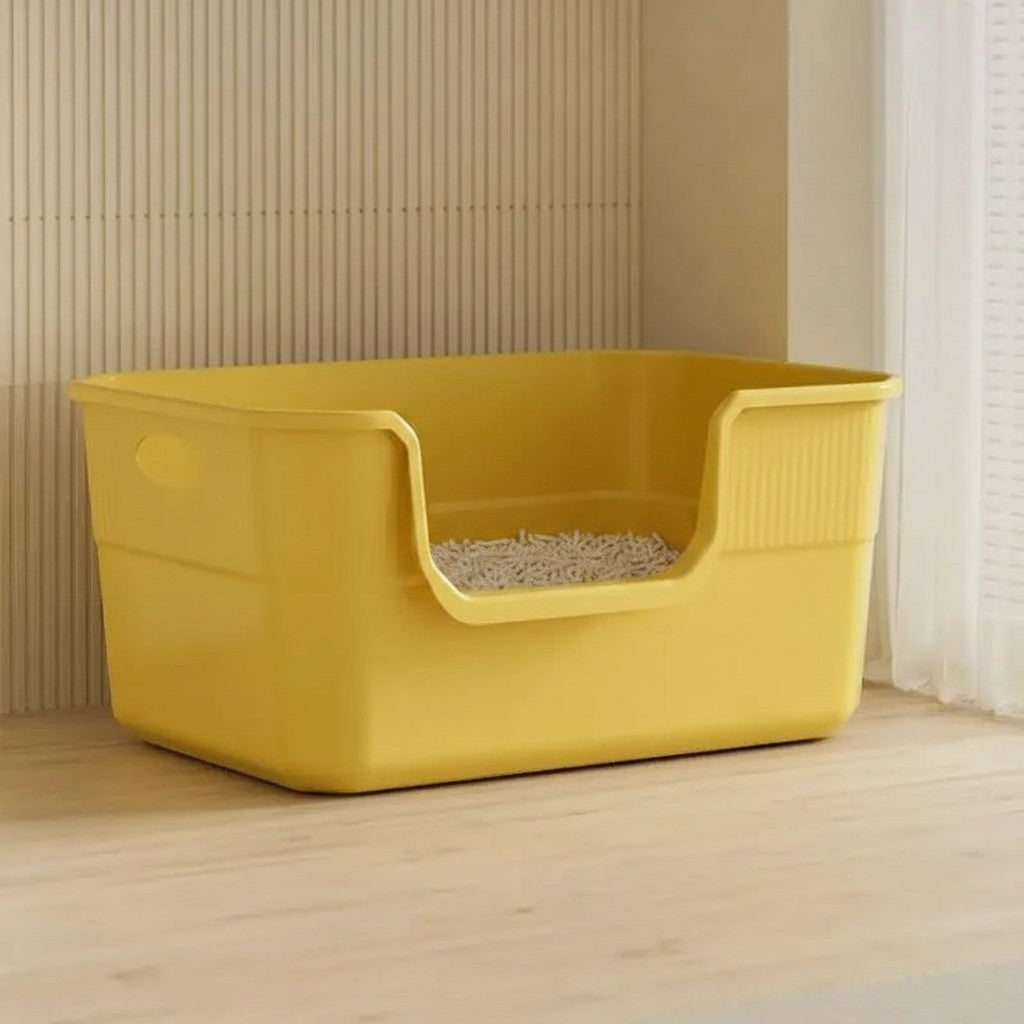 Caisse à litière ouverte Esprit Chat en plastique jaune avec entrée basse pour un accès facile