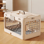 Caisse de transport Esprit Chat beige en plastique avec porte en grille métallique et parois latérales transparentes