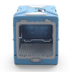 Caisse de transport Esprit Chat en plastique bleu pour chat, vue frontale avec porte à bouton-pression
