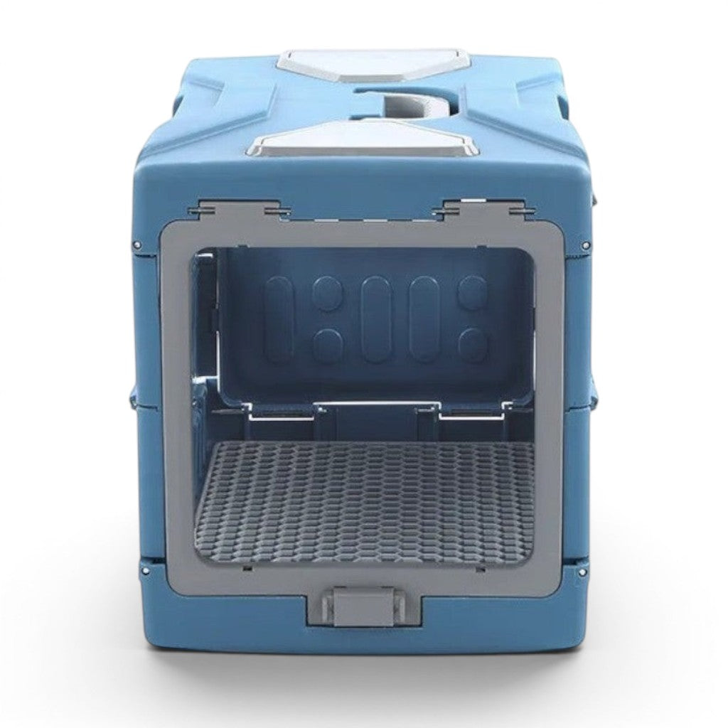 Caisse de transport Esprit Chat en plastique bleu pour chat, vue frontale avec porte à bouton-pression