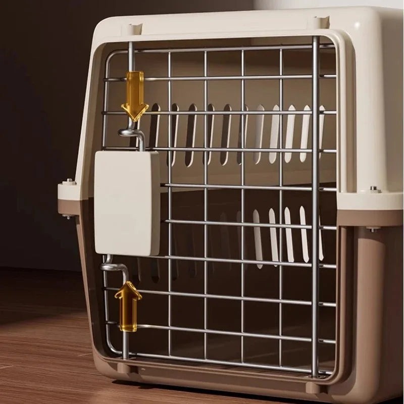 Caisse de transport Esprit Chat pour chat adulte, en plastique beige et marron avec porte en grille métallique