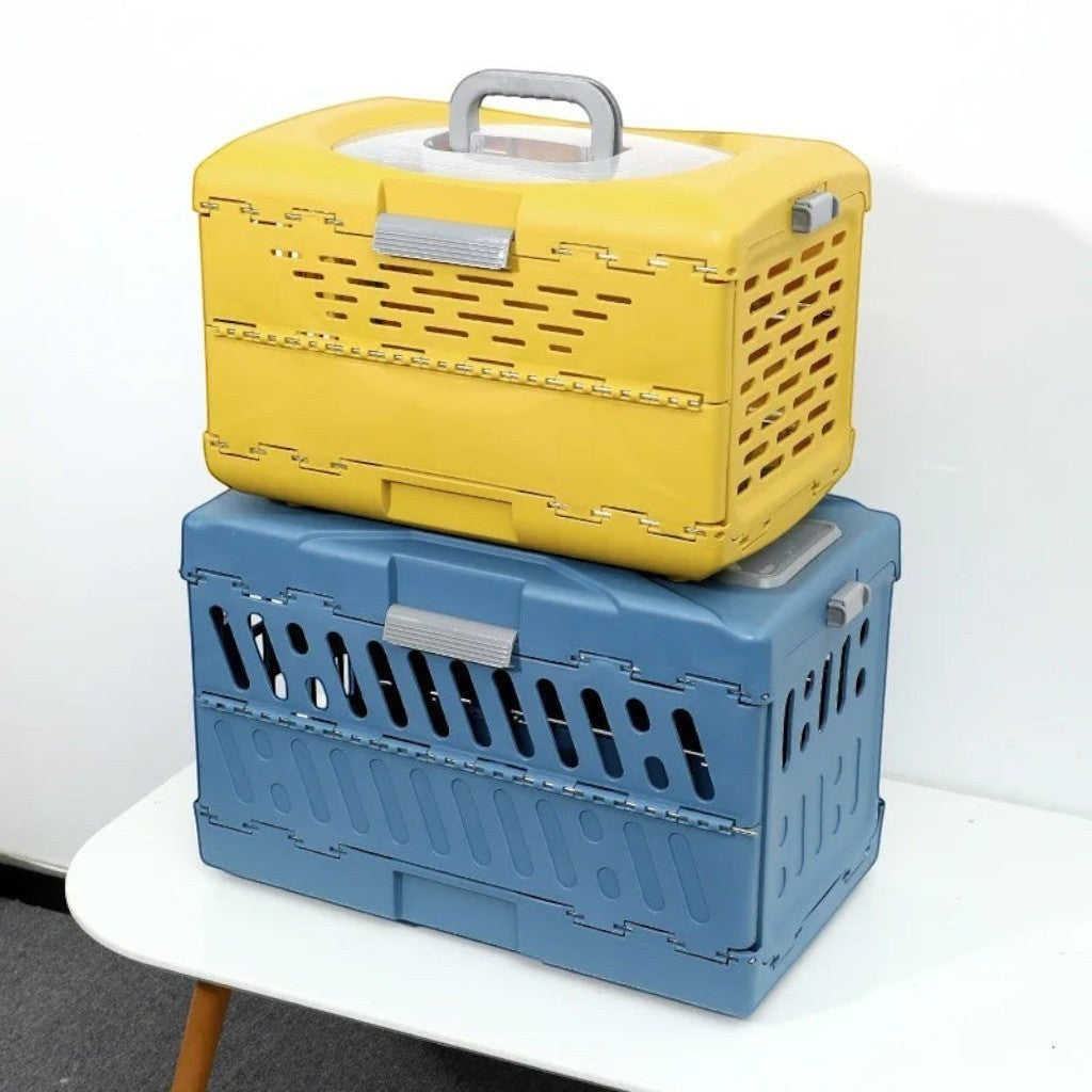 Caisse de transport Esprit Chat pliante en plastique jaune et bleue pour grands chats en voyage