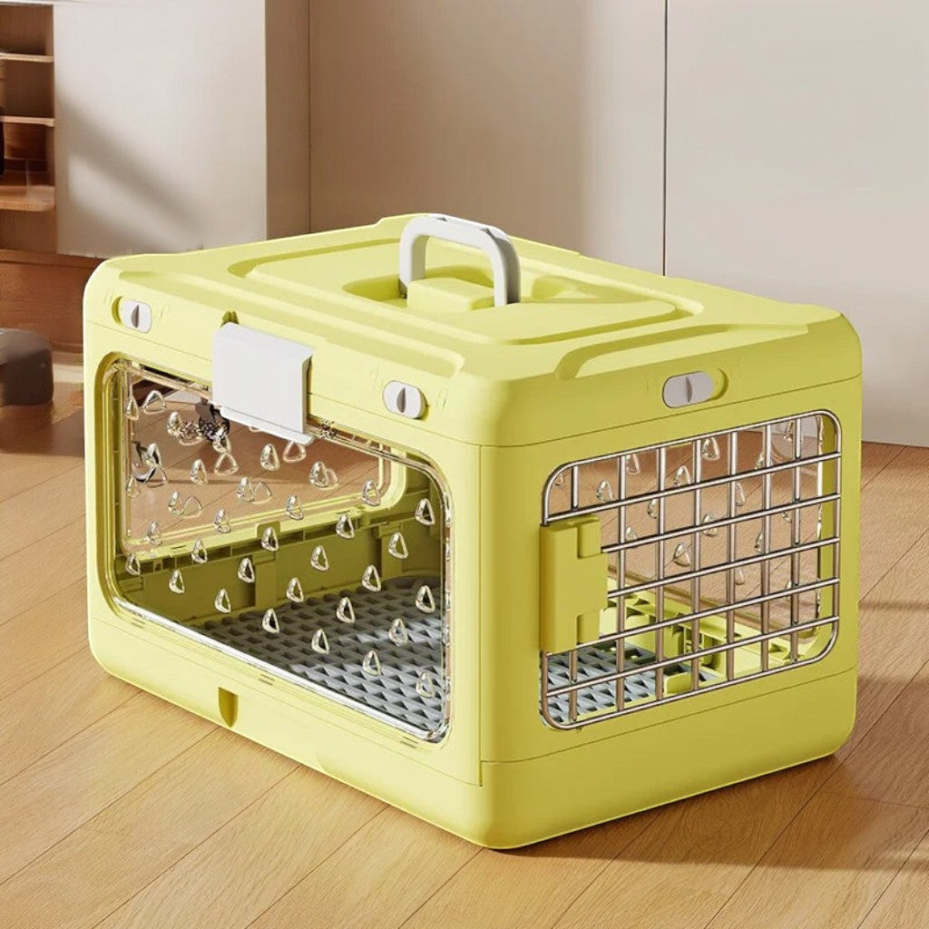 Caisse de transport Esprit Chat jaune en plastique avec parois transparentes et porte grillagée pour chat