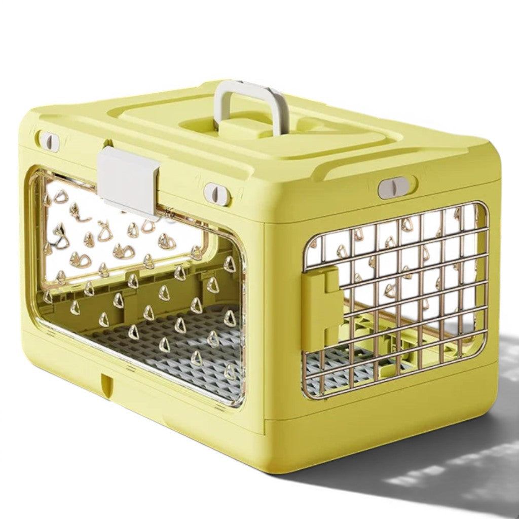 Caisse de transport Esprit Chat jaune en plastique avec parois transparentes et grille de ventilation métallique