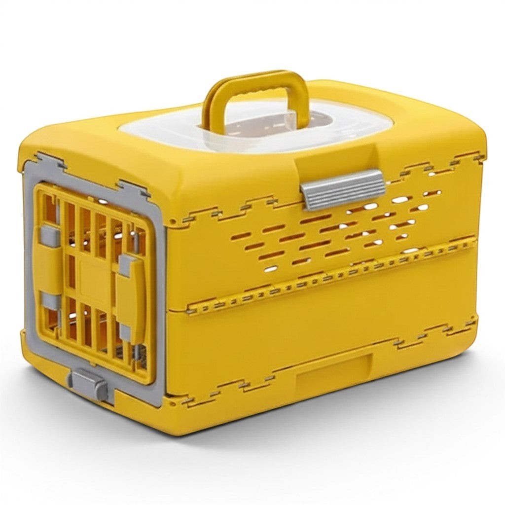 Caisse de transport Esprit Chat jaune en plastique pliable pour chat, idéale pour les voyages en voiture.