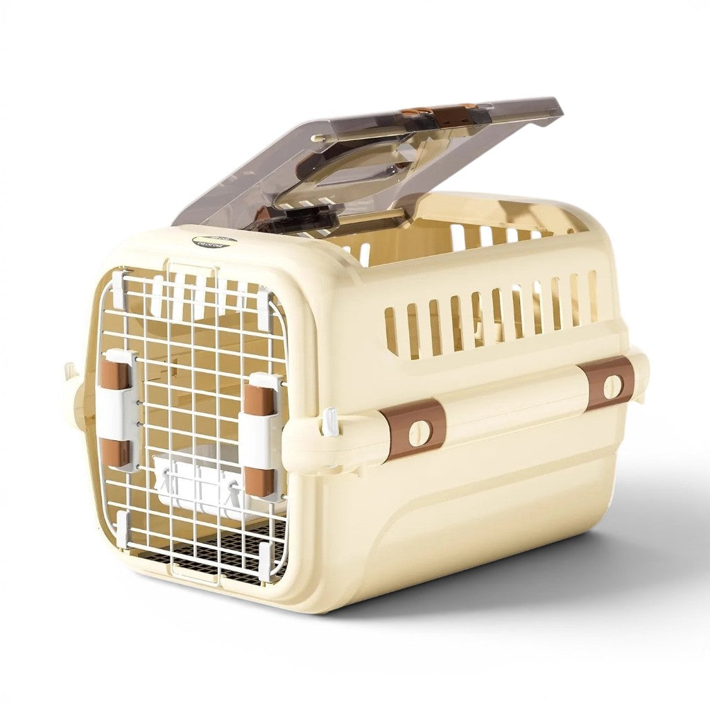 Caisse de transport Esprit Chat en plastique beige avec porte grillagée et ouverture supérieure pour chat