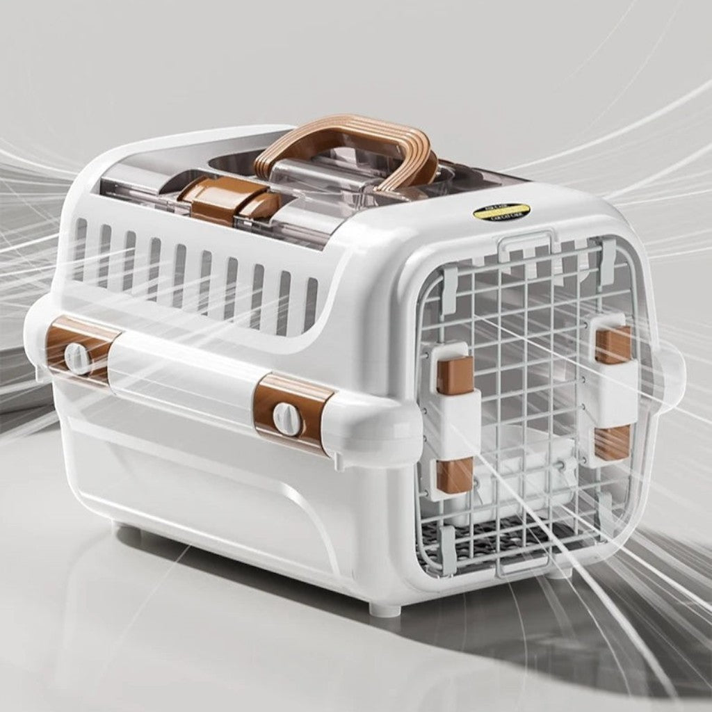 Caisse de transport Esprit Chat en plastique blanc avec poignée et détails marron pour le voyage des chats