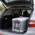 Caisse de transport Esprit Chat en plastique gris et blanc pour chat ou petit chien dans le coffre d'une voiture