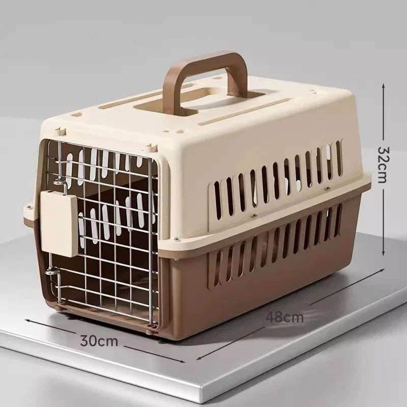 Caisse de transport Esprit Chat pour chat adulte, en plastique bicolore beige et marron avec porte grillagée