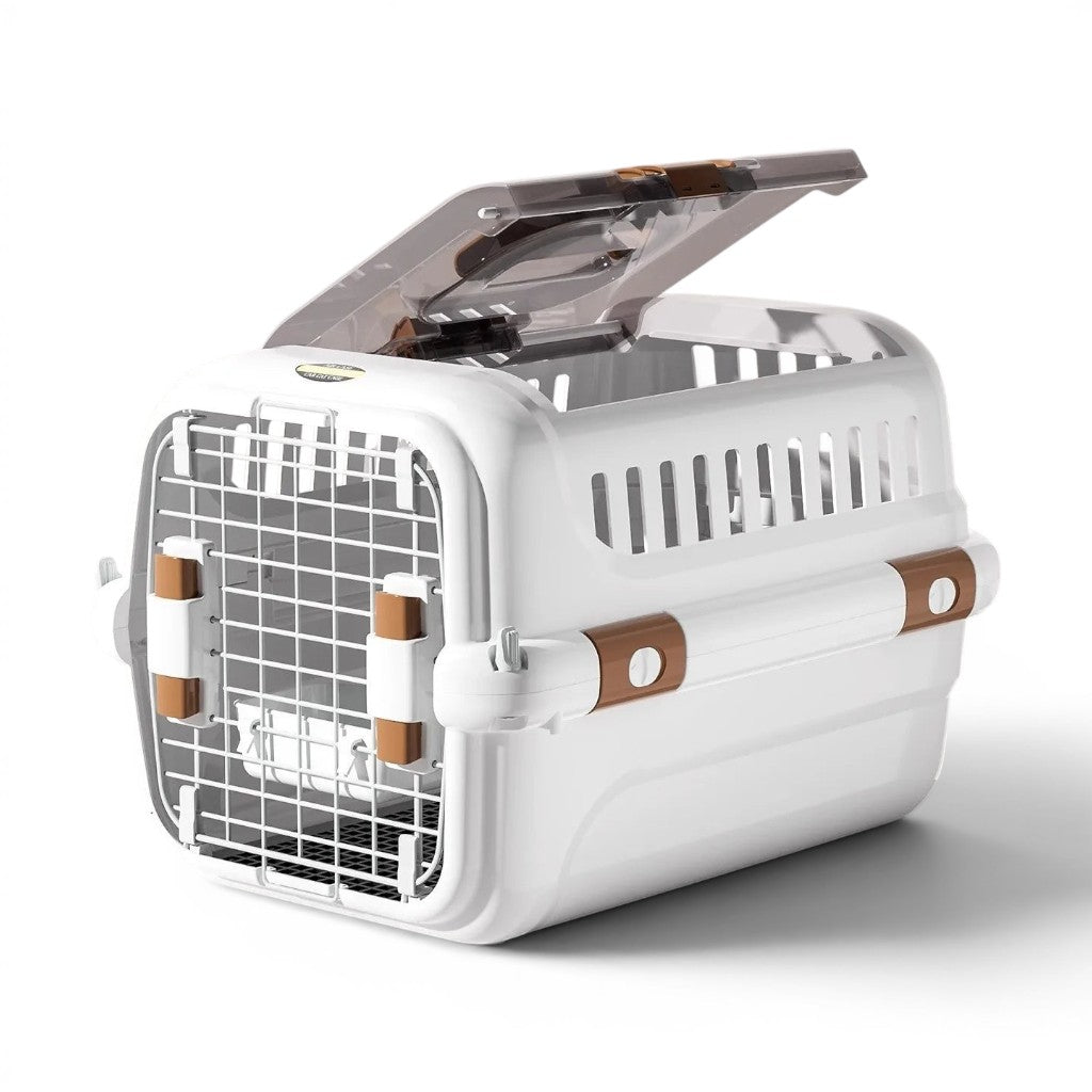 Caisse de transport Esprit Chat en plastique blanc avec porte grillagée et ouverture supérieure pratique