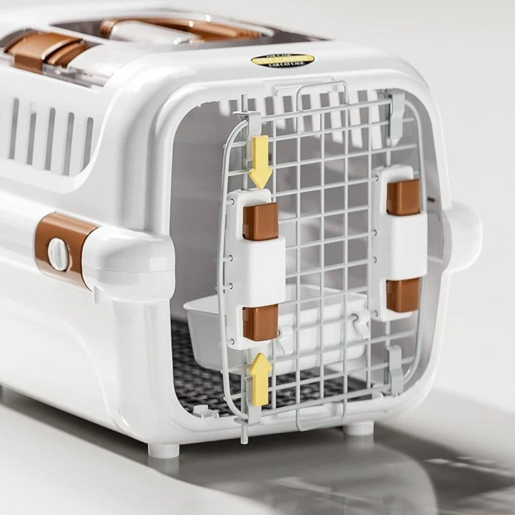 Caisse de transport Esprit Chat en plastique blanc et marron avec porte grillagée et fermeture à boutons