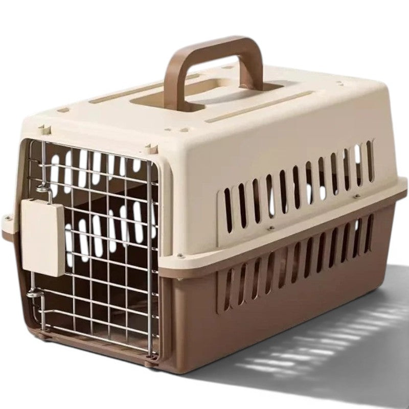 Caisse de transport Esprit Chat pour chat adulte, en plastique bicolore beige et marron avec porte en métal