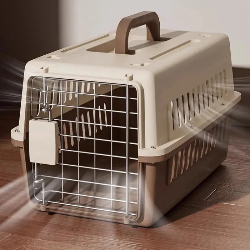Caisse de transport Esprit Chat en plastique beige et marron avec porte grillagée pour chats adultes