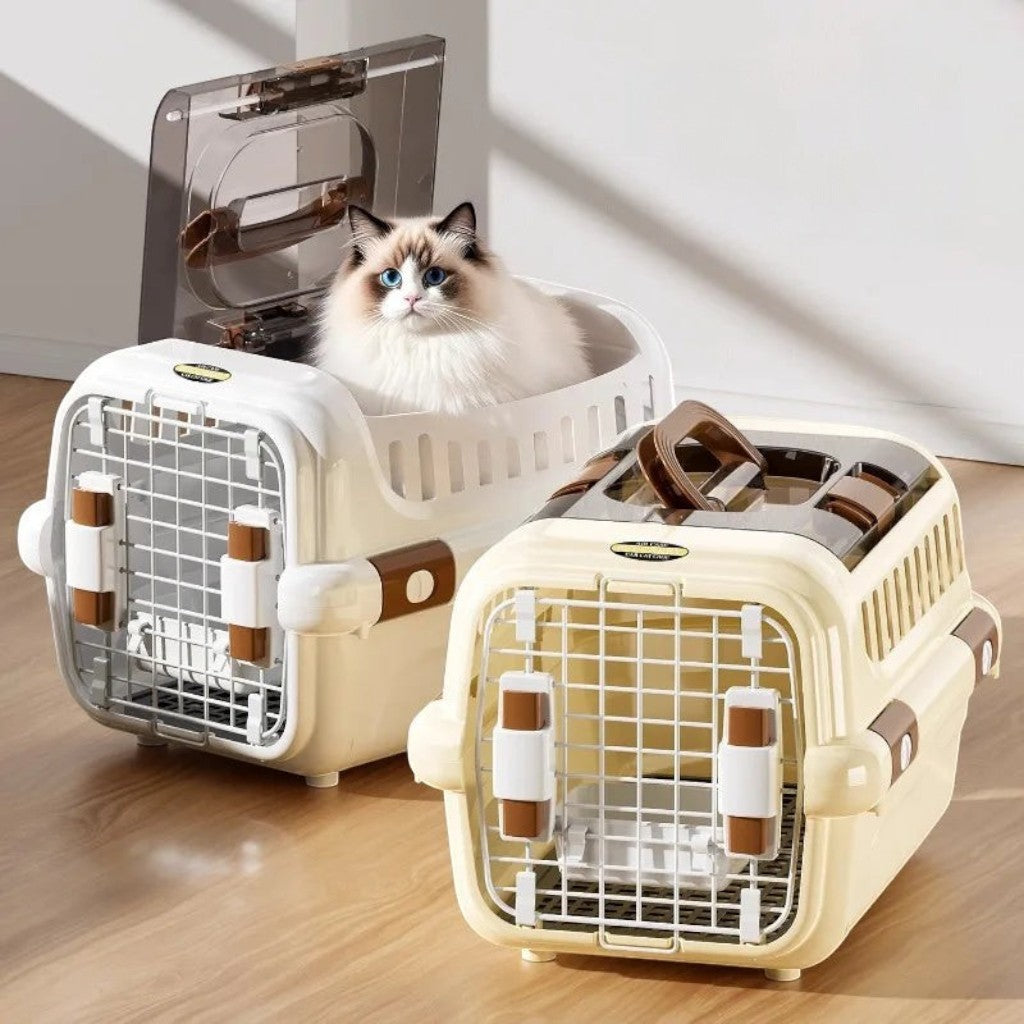 Caisse de transport Esprit Chat en plastique beige avec porte grillagée et ouverture supérieure pour chat