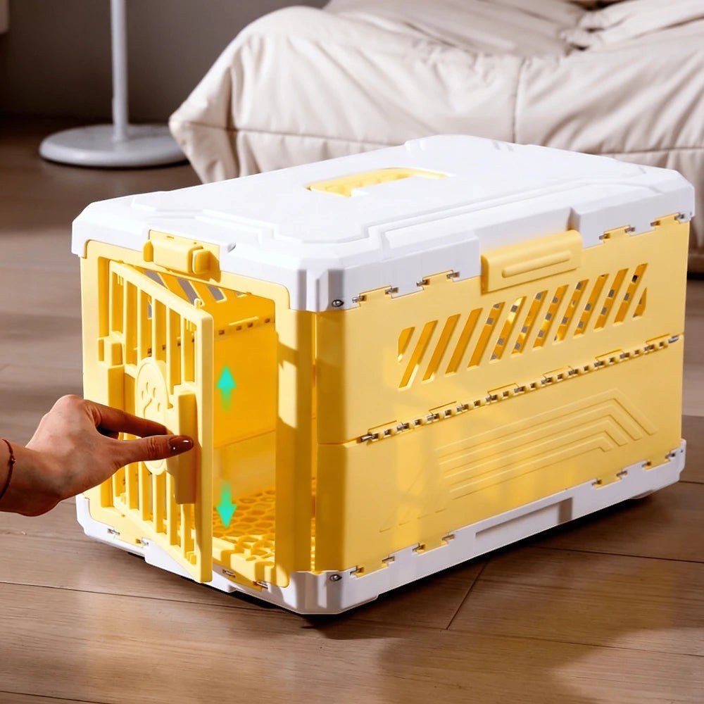 Caisse de transport Esprit Chat pliable en plastique jaune et blanc pour chat ou petit chien