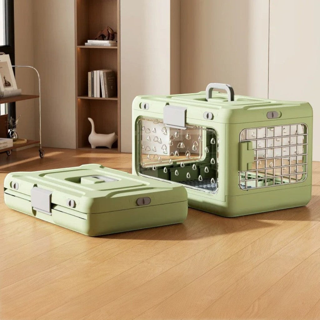 Caisse de transport Esprit Chat pliable en plastique vert avec parois transparentes et porte grillagée pour chat