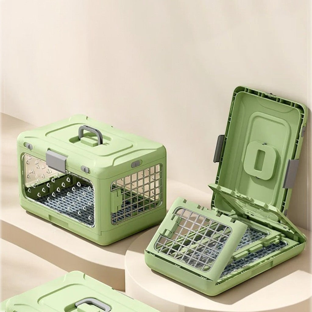 Caisse de transport Esprit Chat pliable en plastique vert avec parois ventilées et poignée de transport pratique
