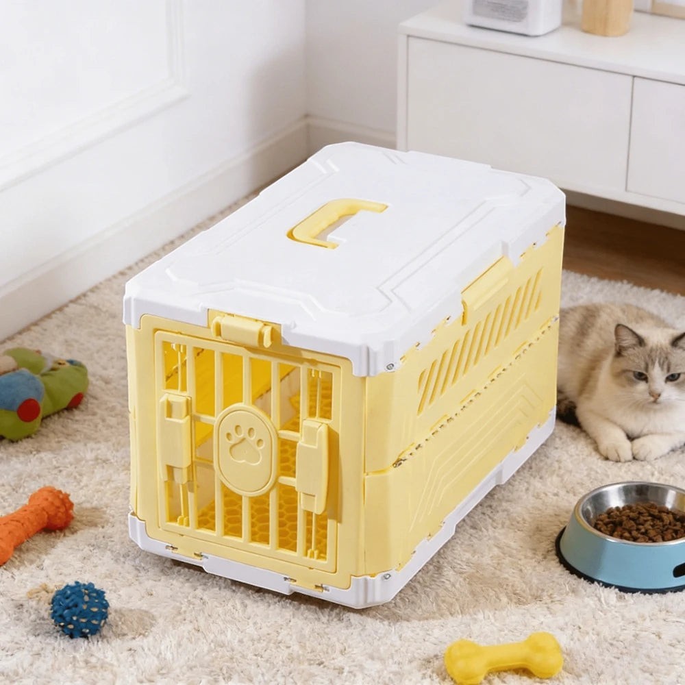Caisse de transport Esprit Chat pliable en plastique jaune et blanc pour chat et petit chien