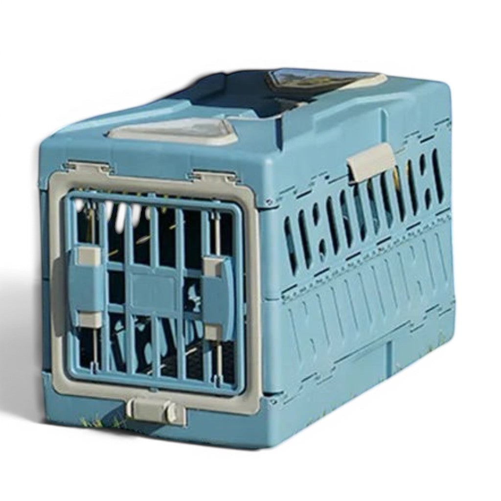 Caisse de transport pliable pour chat Esprit Chat en plastique jaune et bleu, idéale pour les voyages en voiture.