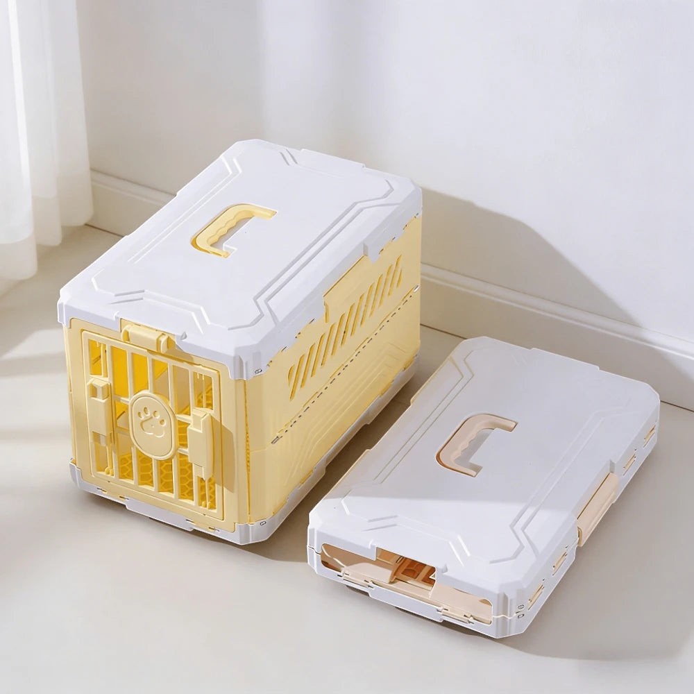 Caisse de transport pliable Esprit Chat pour chat, en plastique jaune et blanc avec porte à motif patte