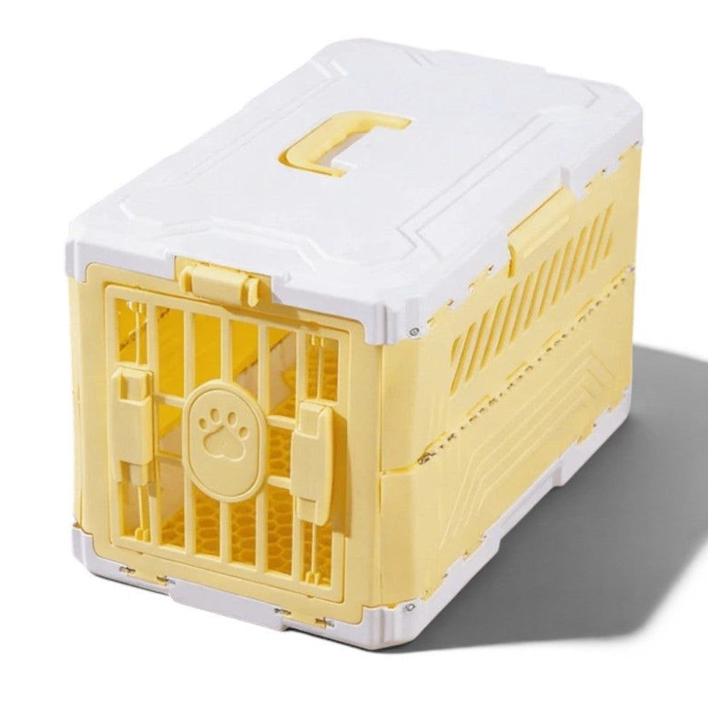 Caisse de transport Esprit Chat en plastique jaune et blanc pour chat, pliable avec porte verrouillable