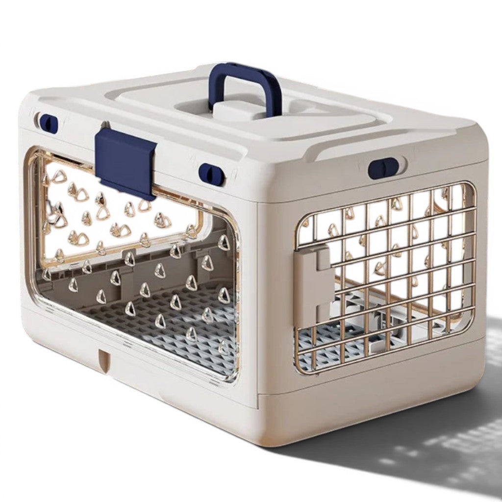 Caisse de transport Esprit Chat en plastique beige avec parois transparentes et grille métallique pour chat