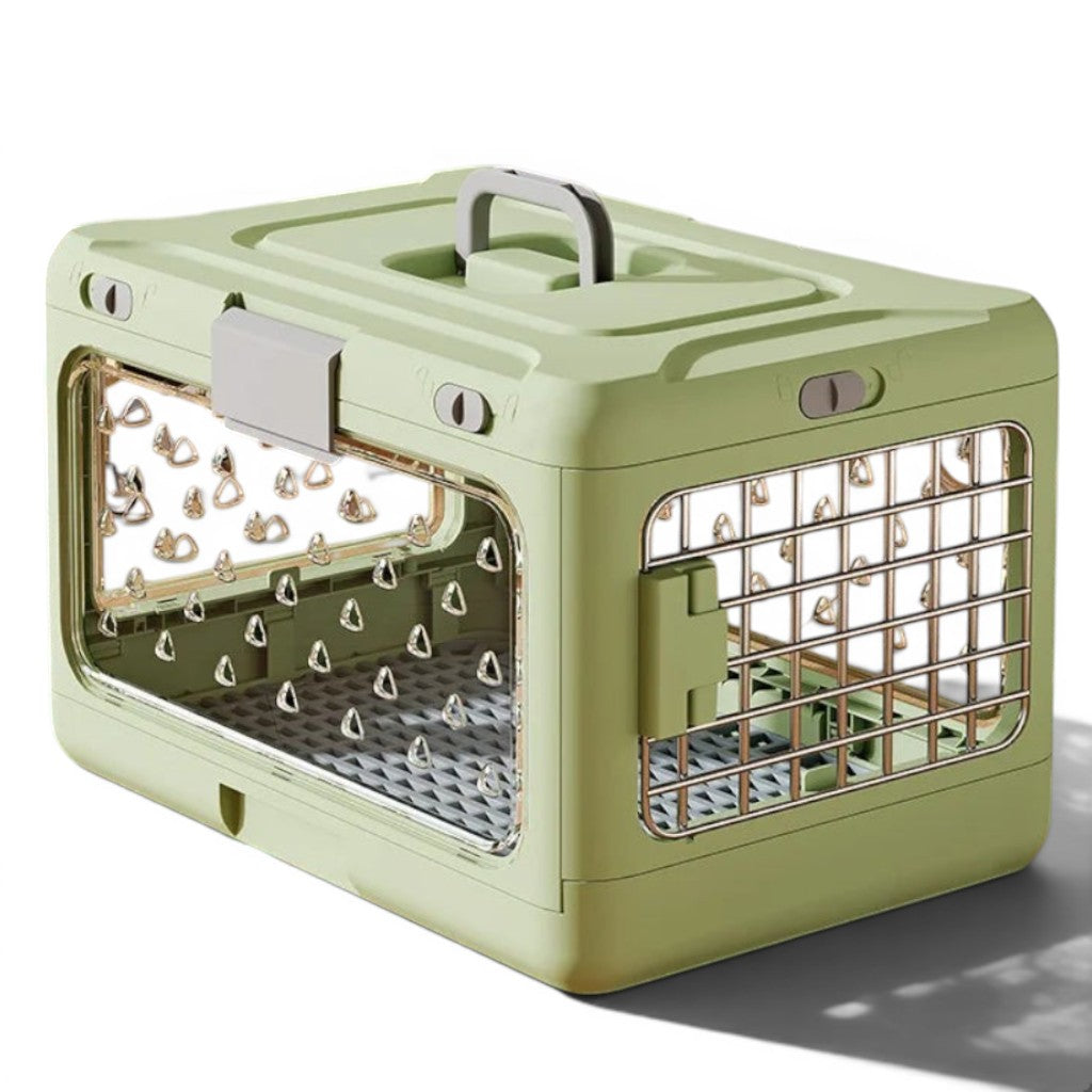 Caisse de transport Esprit Chat verte en plastique avec parois transparentes et grille de ventilation