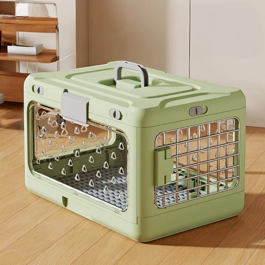 Caisse de transport Esprit Chat verte en plastique avec parois transparentes et porte grillagée pour chat