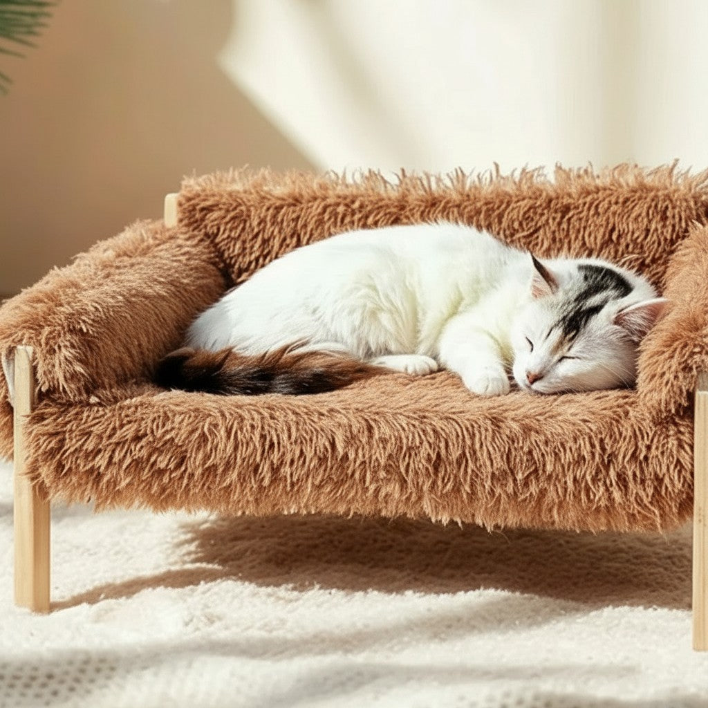 Chat blanc dormant sur un canapé Esprit Chat en bois surélevé avec un coussin en peluche marron doux et confortable