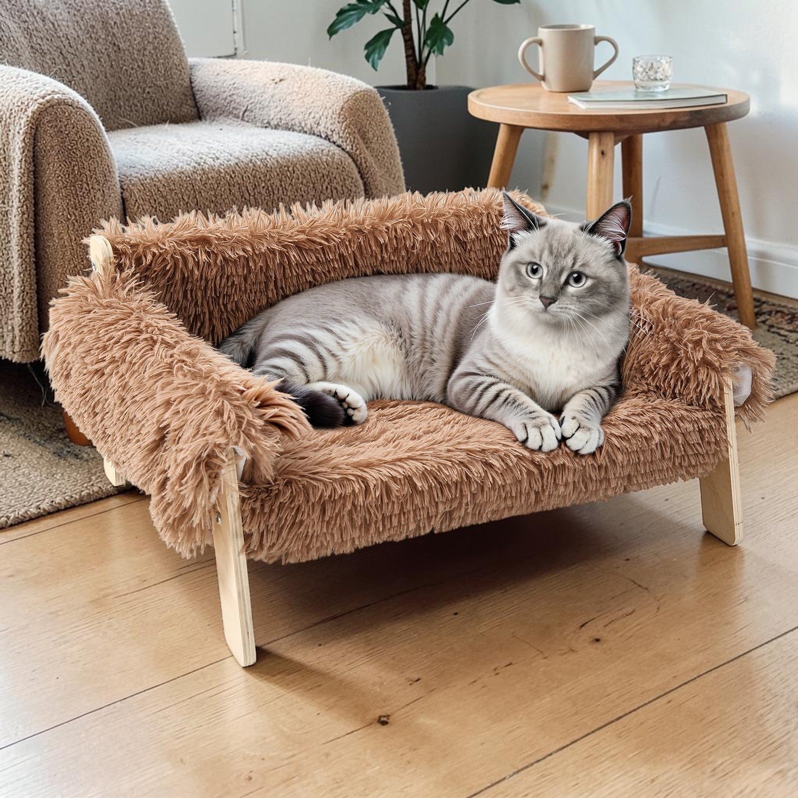 Chat gris allongé sur un canapé Esprit Chat en bois avec coussin en peluche marron doux et surélevé