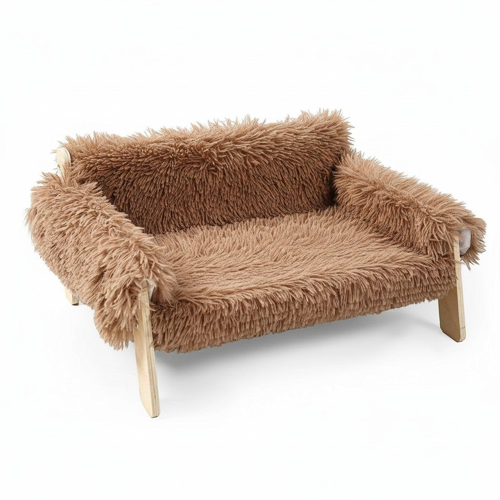 Canapé pour chat Esprit Chat en bois avec coussin en fourrure synthétique marron doux et surélevé