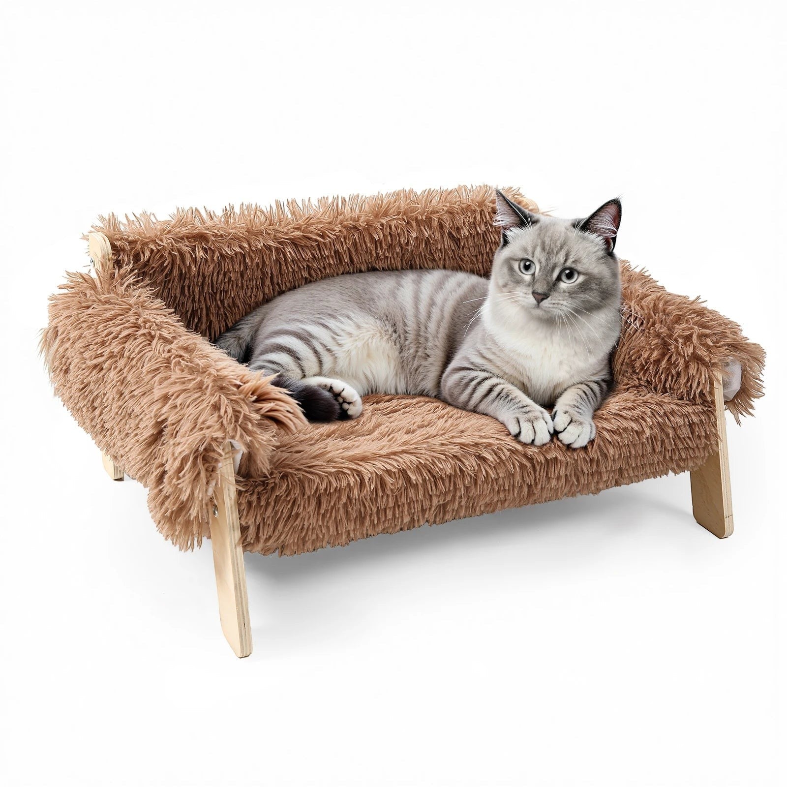 Canapé pour chat Esprit Chat en bois avec coussin en peluche marron doux, surélevé pour un confort optimal