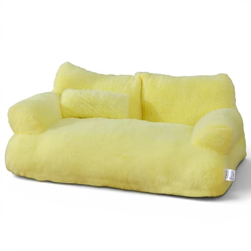 Canapé pour chat Esprit Chat jaune en peluche douce avec dossier confortable et petit coussin assorti