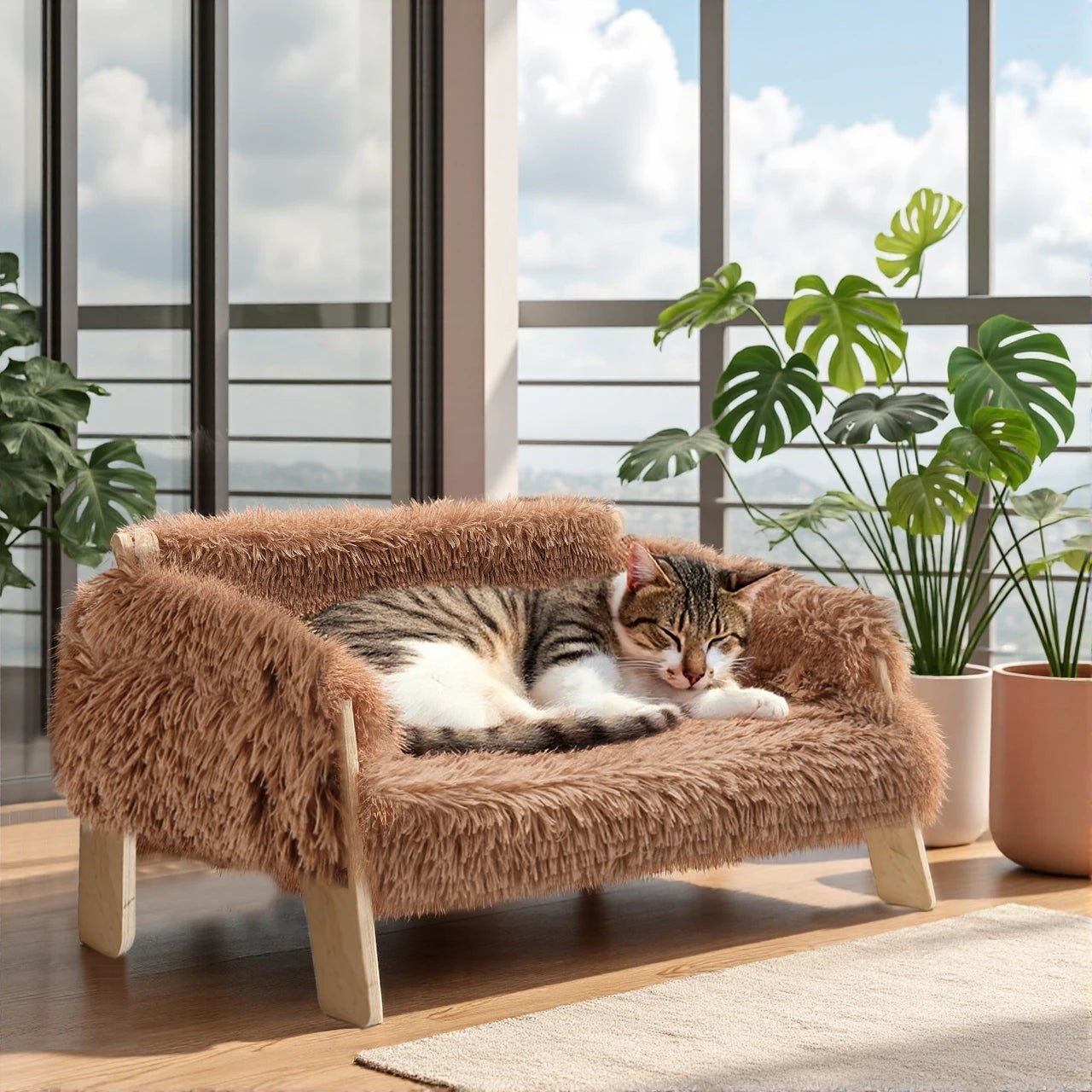 Canapé pour chat Esprit Chat en peluche marron sur pieds en bois, idéal pour le confort et la ventilation