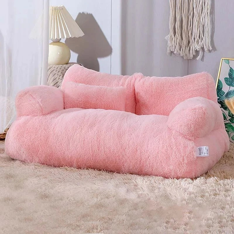 Canapé pour chat Esprit Chat en peluche rose douce avec dossier confortable et petit coussin assorti