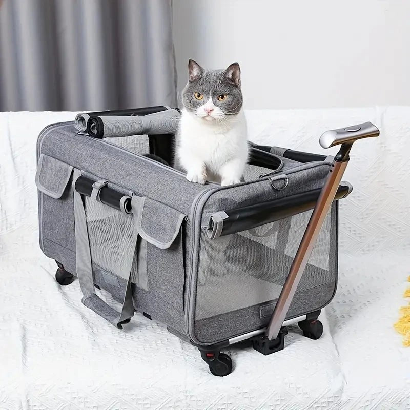 Chariot de transport Esprit Chat gris en nylon avec roulettes et poignée télescopique pour chat sur un lit