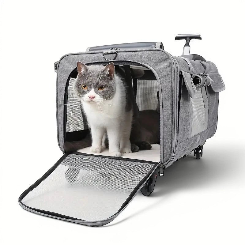 Chariot de transport pour chat Esprit Chat gris en nylon avec roulettes et poignée télescopique pour grands chats